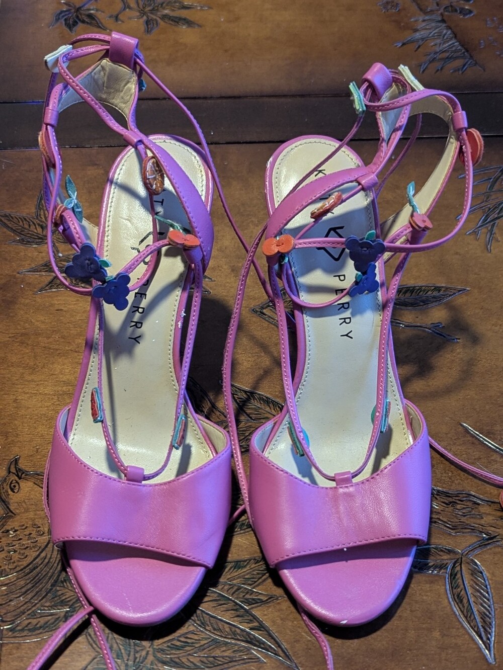 Bright Pink Lace-Up Women’s Heels With Fruit Accents - Picture 2 of 9